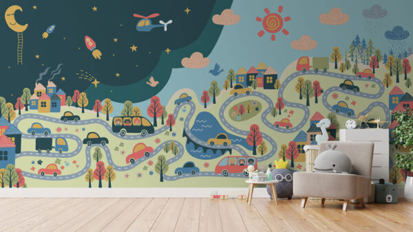 Cartoon of cars and houses Cartoon of cars and houses