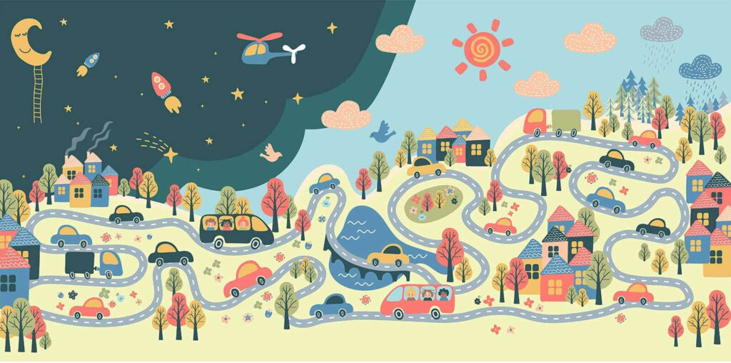 Cartoon of cars and houses Cartoon of cars and houses