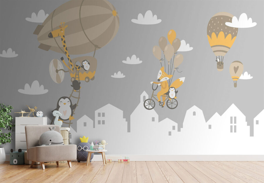 Wall murals Cartoon animals riding a bike and a balloon - Image 2