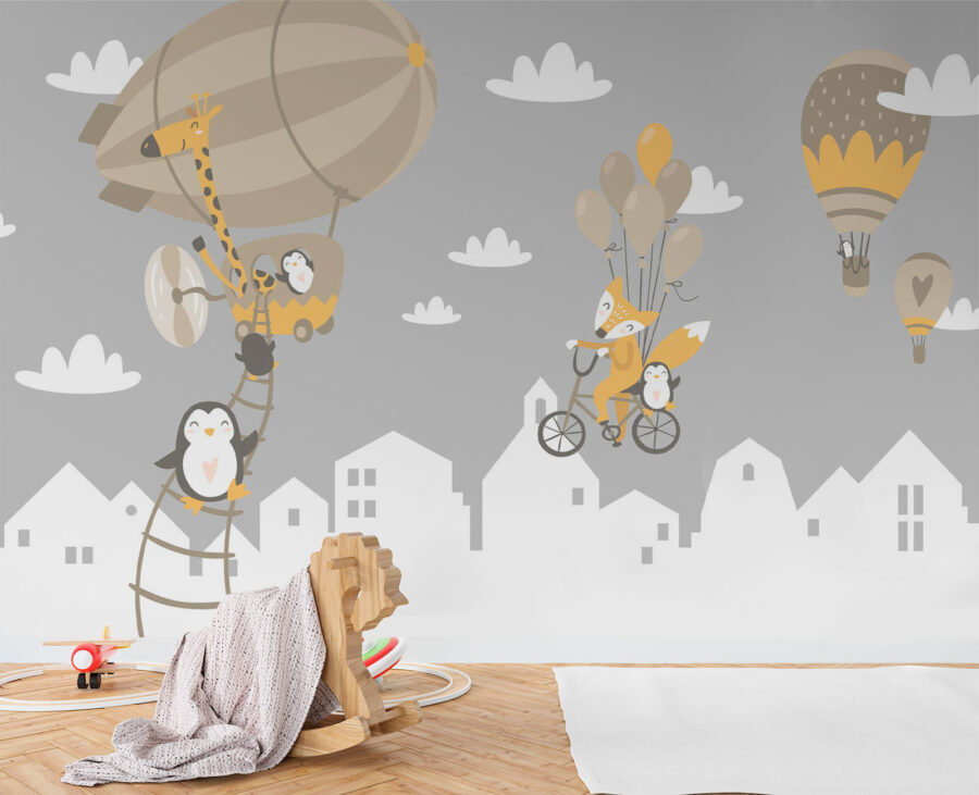 Wall murals Cartoon animals riding a bike and a balloon