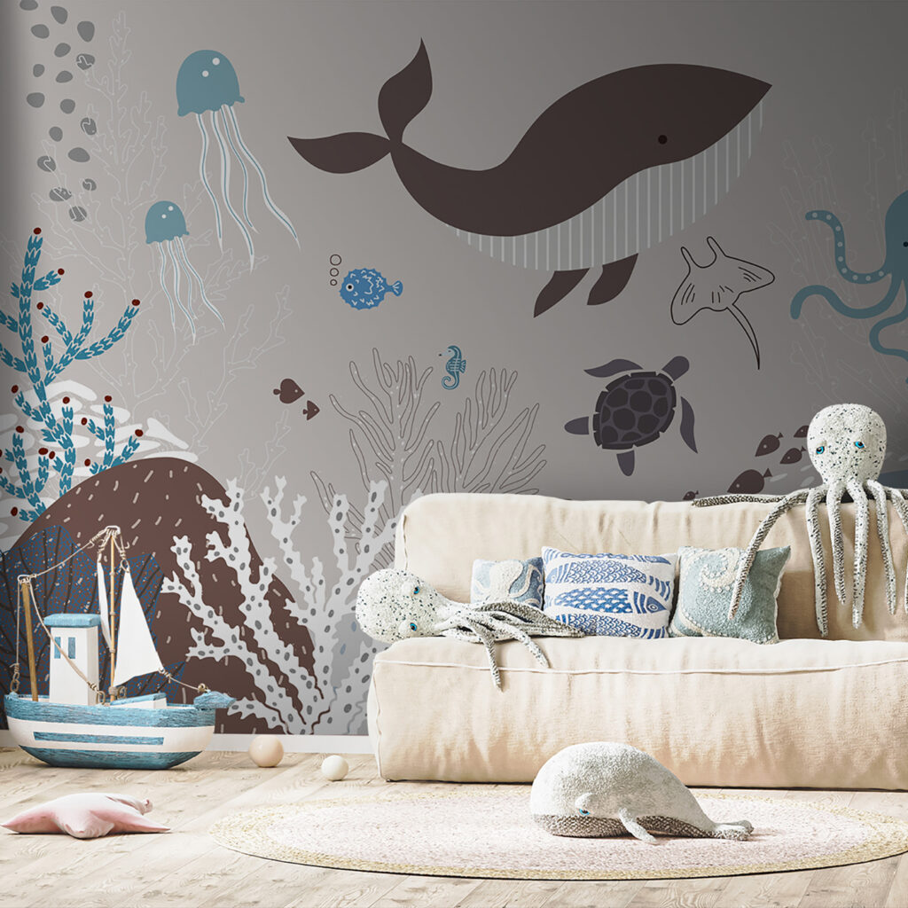 A sea life with a whale and seaweed A sea life with a whale and seaweed