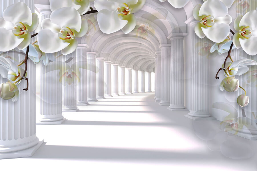 White columns and flowers in a hallway