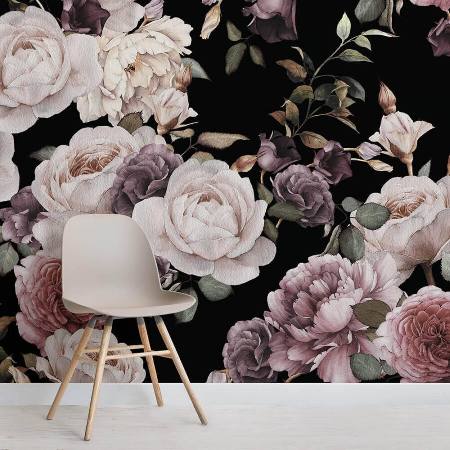 Elegant floral arrangement on dark backdrop.