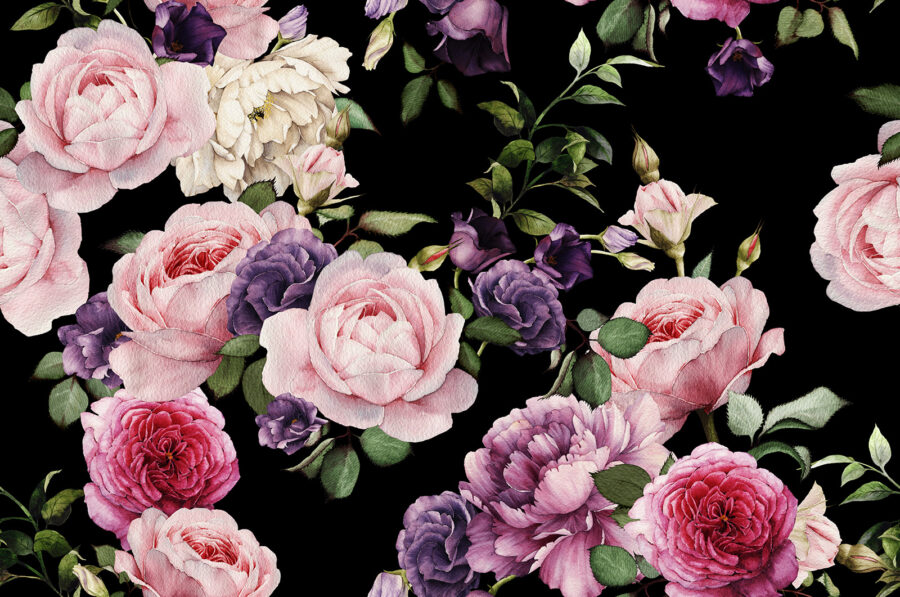 Elegant floral arrangement on dark backdrop.