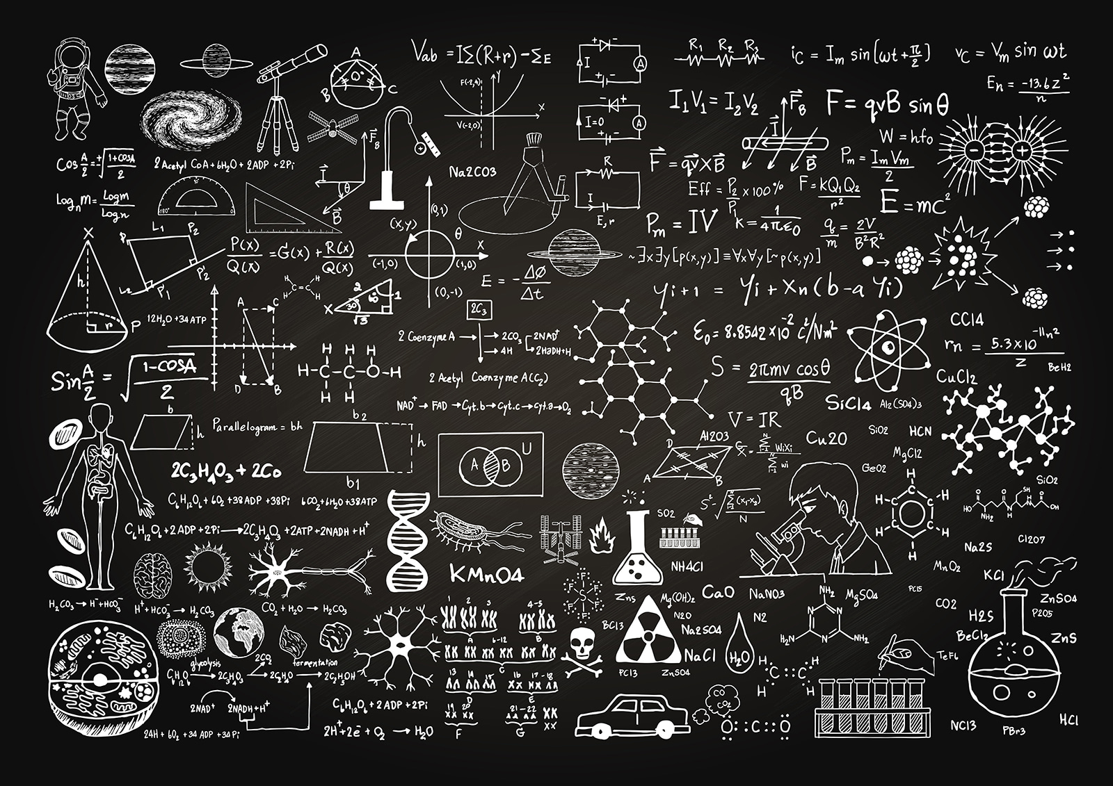 Blackboard with math symbols and formulas