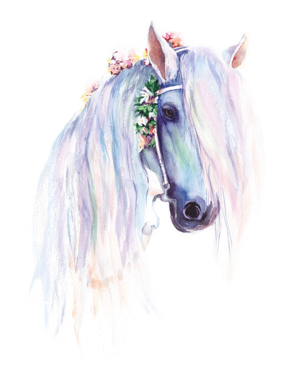 Watercolor of a horse with flowers on its head