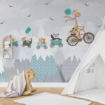 Wall murals Giraffe riding a bicycle with a train and animals