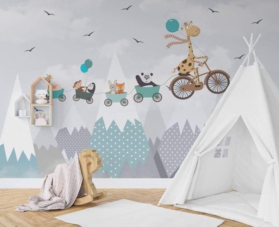 Giraffe riding a bicycle with a train and animals Giraffe riding a bicycle with a train and animals