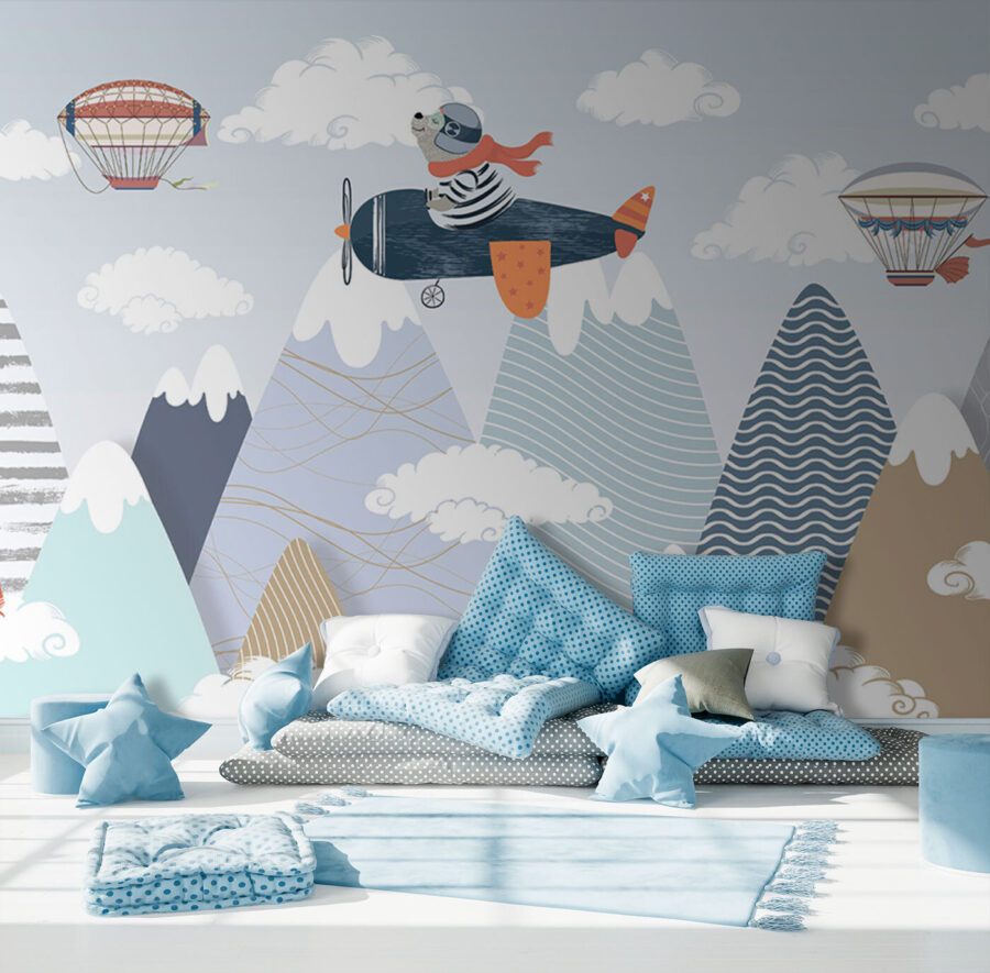 Wall murals Cartoon bear flying on an airplane