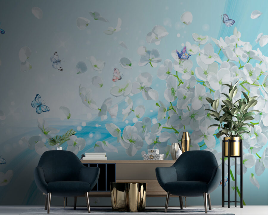 White flowers with butterflies flying