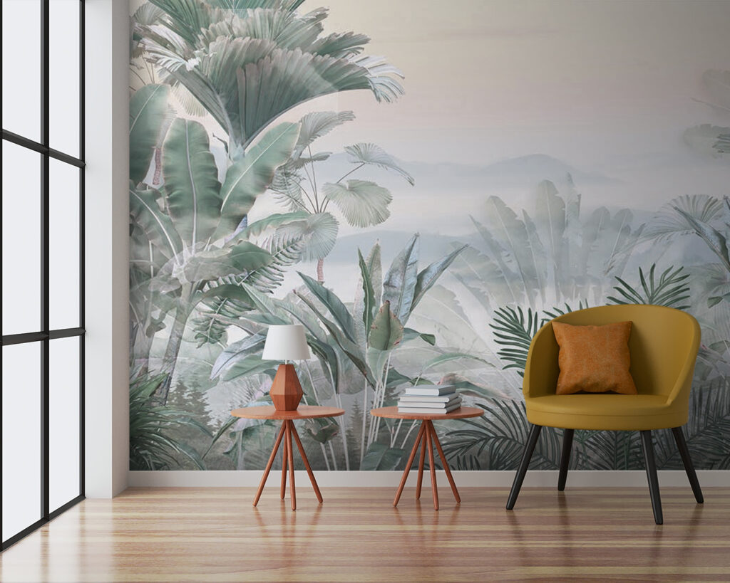 Foggy landscape with plants