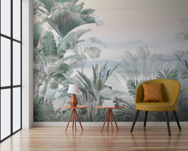 Foggy landscape with plants