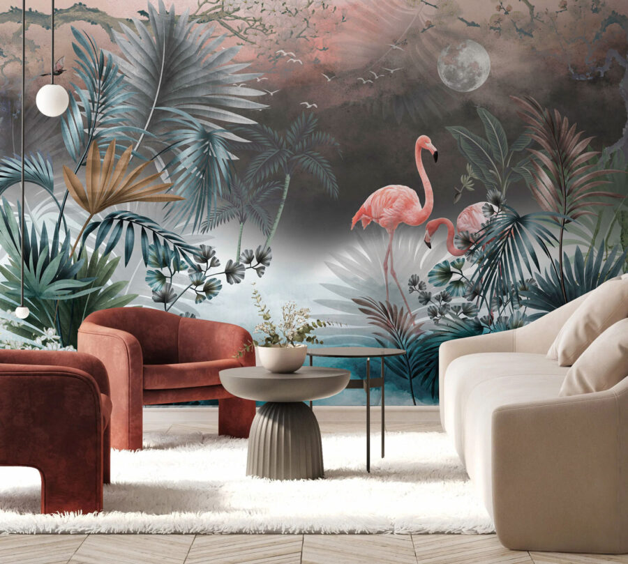 Painting of flamingos and plants