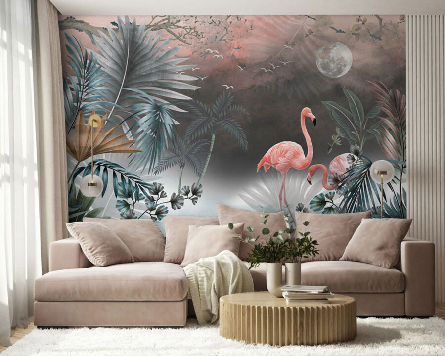 Painting of flamingos and plants