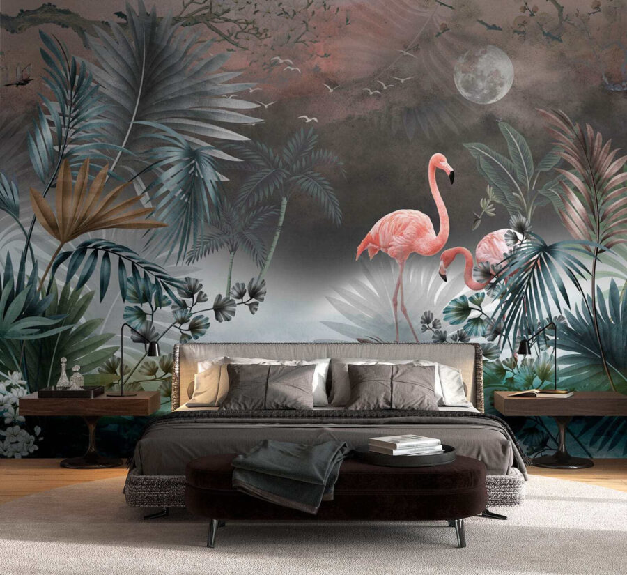 Painting of flamingos and plants