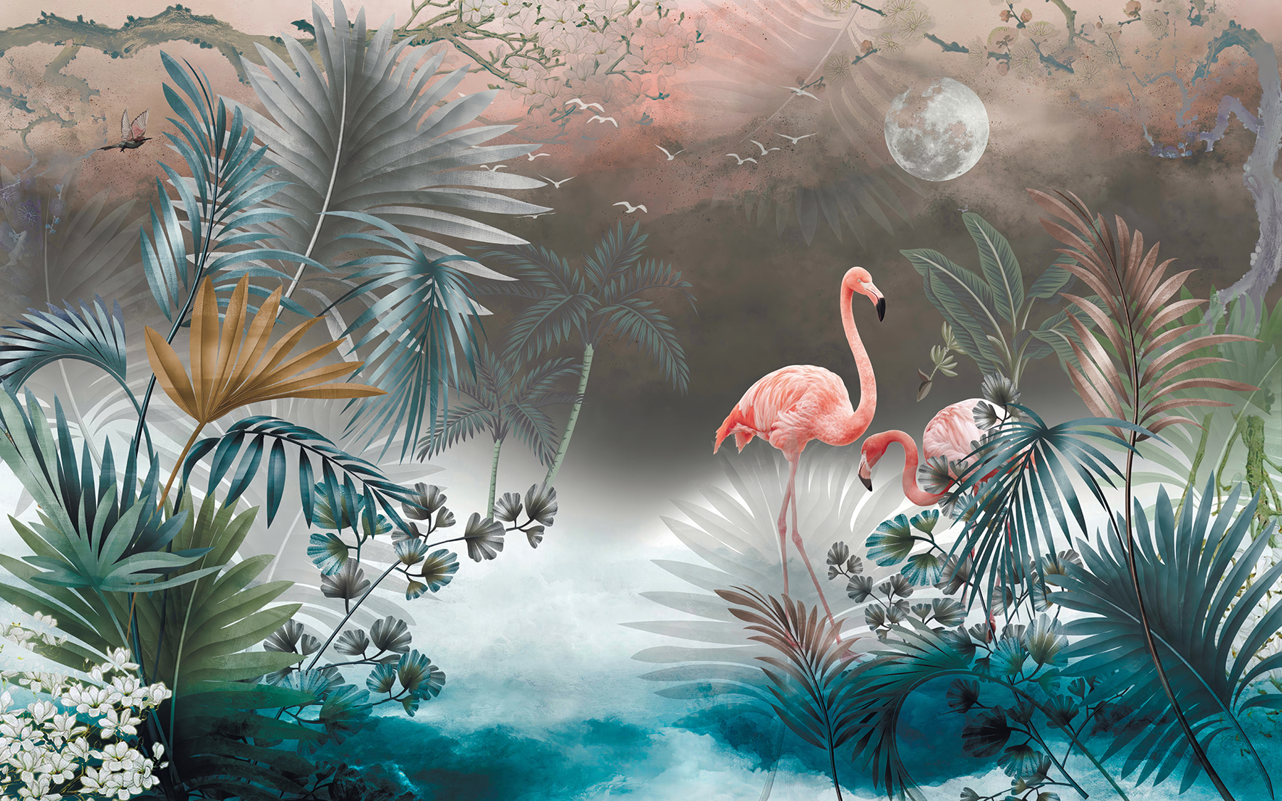 Painting of flamingos and plants Painting of flamingos and plants