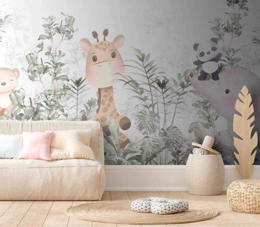 Giraffe and panda in a forest