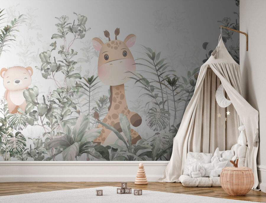 Giraffe and panda in a forest