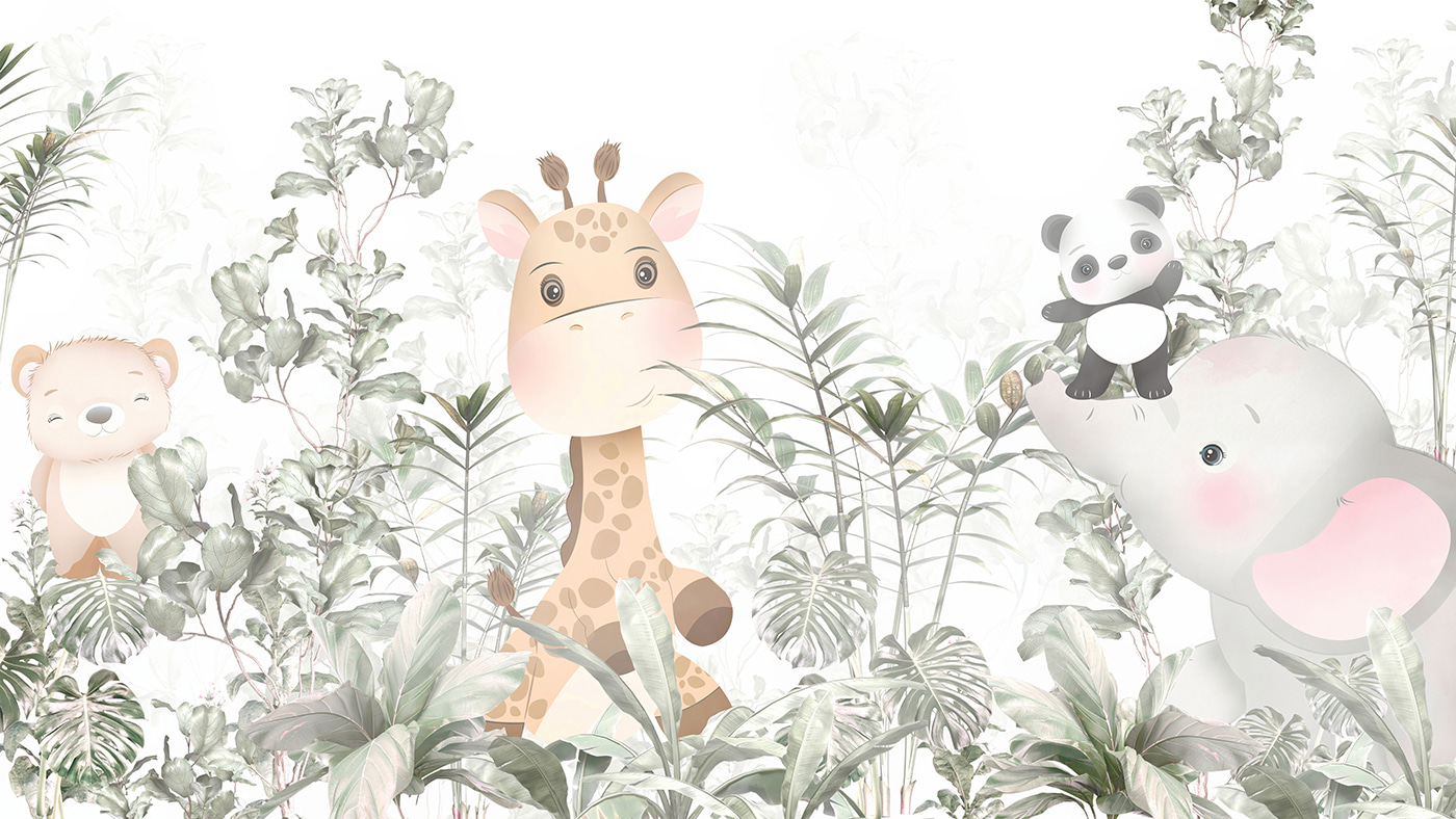 Giraffe and panda in a forest