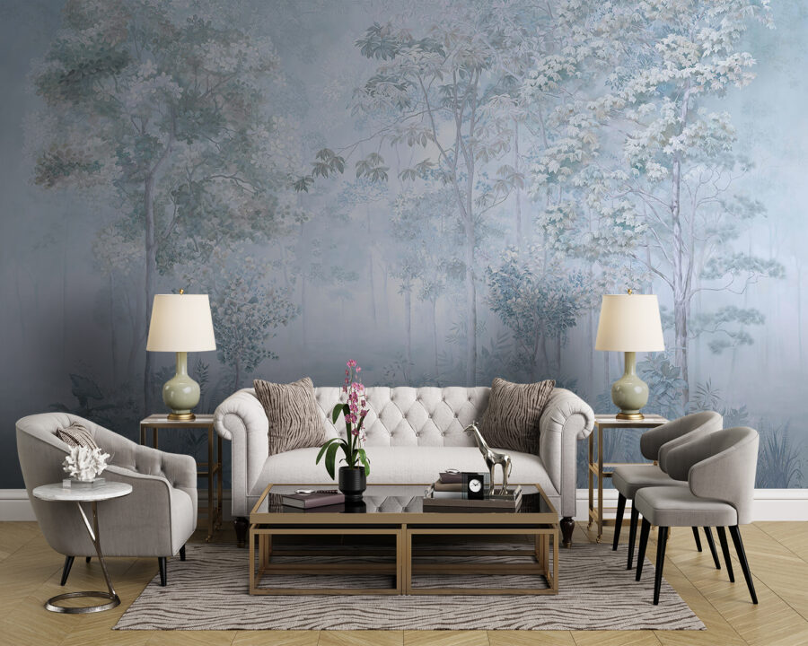 Wall murals Foggy forest with trees and plants