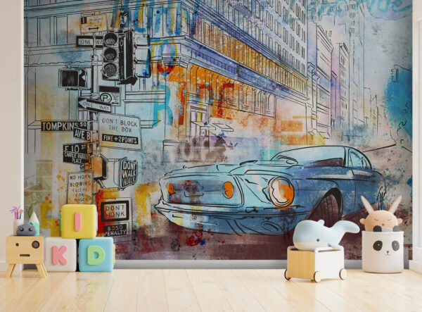 Drawing of a car on a street corner