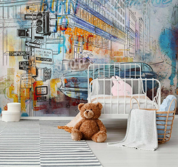 Drawing of a car on a street corner