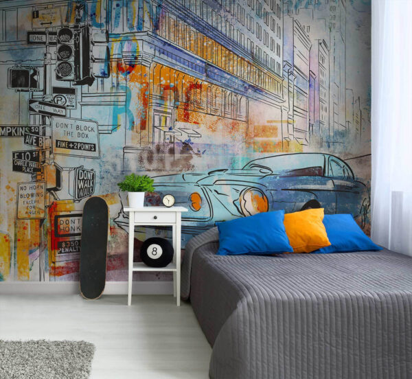 Drawing of a car on a street corner Wall murals Drawing of a car on a street corner