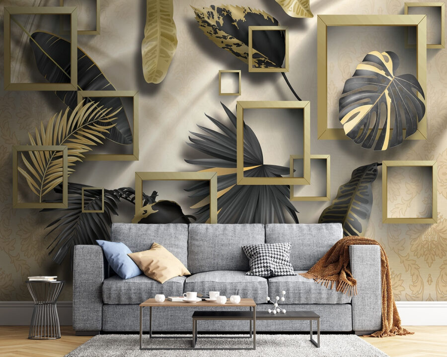 Wallpaper with black and gold leaves