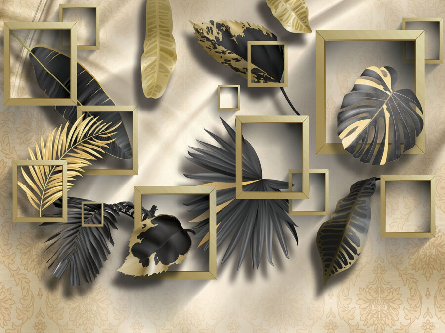 Wallpaper with black and gold leaves