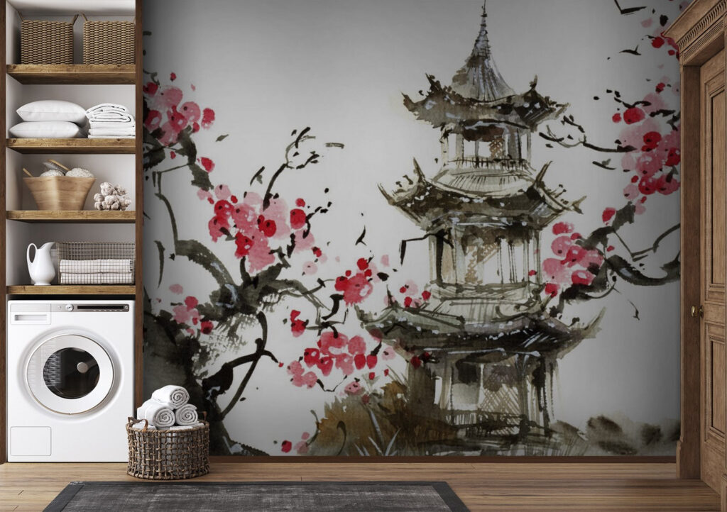 Painting of a pagoda and cherry blossoms Painting of a pagoda and cherry blossoms