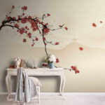 Wall murals Branch with red flowers and birds flying in the sky
