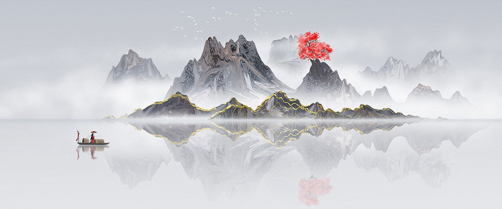 Mountain range with a red tree in the middle of the water u72981p - Mountain range with a red tree in the middle of the water - tegory