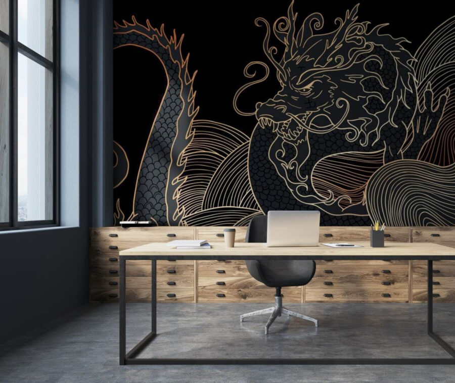 Mystical dragon swirling in darkness