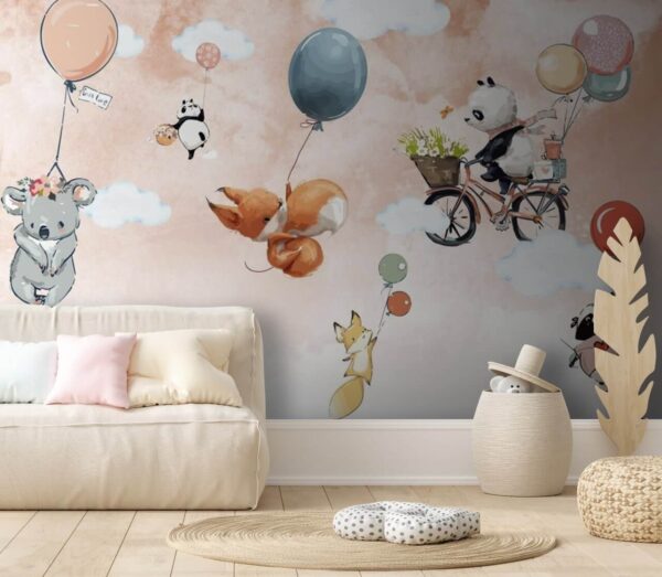 Cartoon animals flying with balloons Cartoon animals flying with balloons