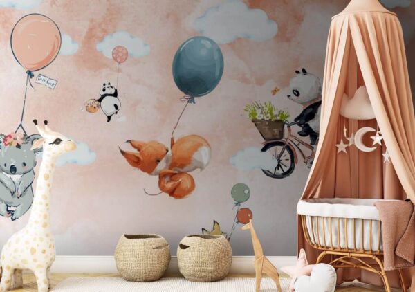 Cartoon animals flying with balloons Cartoon animals flying with balloons