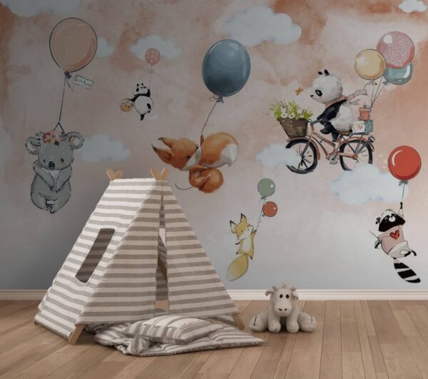 Cartoon animals flying with balloons Cartoon animals flying with balloons