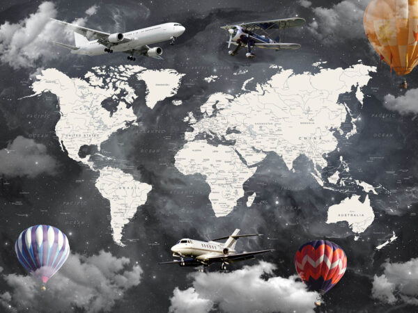 Map of the world with airplanes and hot air balloons Map of the world with airplanes and hot air balloons