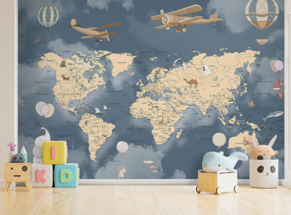 Wall murals Map of the world with airplanes and balloons