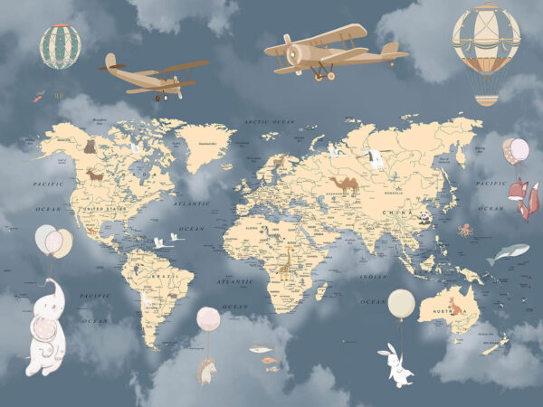 Map of the world with airplanes and balloons