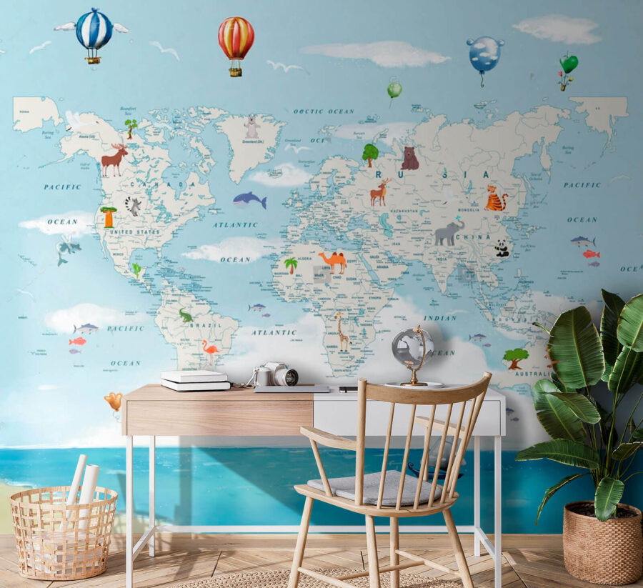 Wall murals Map of the world with water and animals - Image 3