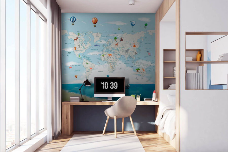 Wall murals Map of the world with water and animals
