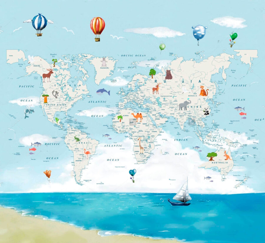 Wall murals Map of the world with water and animals - Image 4