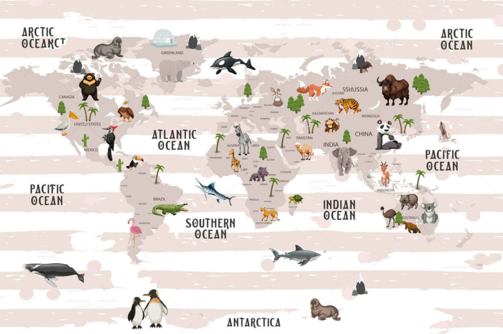 Map of the world with animals Map of the world with animals
