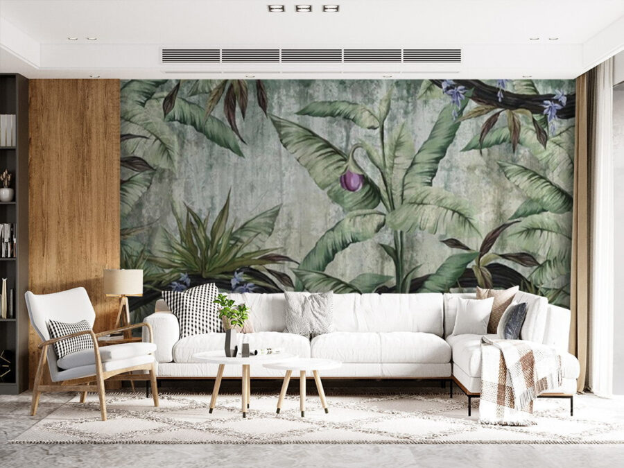 Wallpaper with a banana tree and flowers