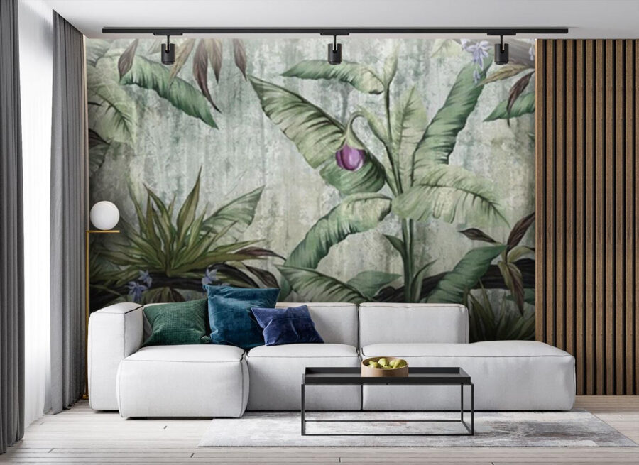 Wallpaper with a banana tree and flowers