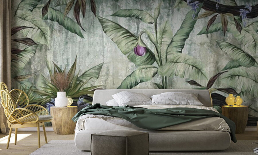 Wall murals Wallpaper with a banana tree and flowers