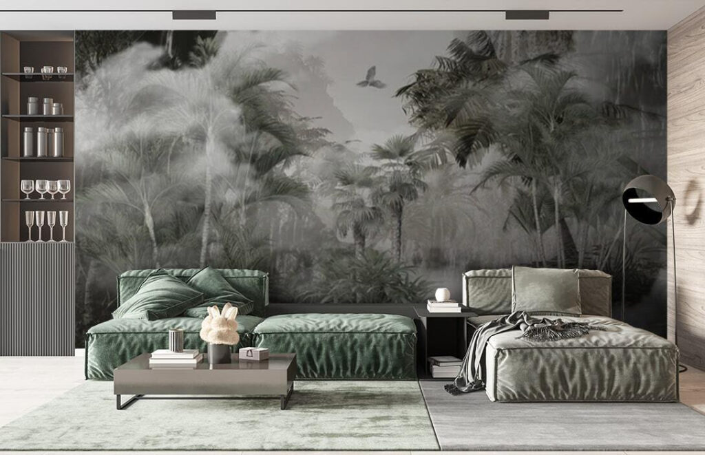 Foggy forest with trees and birds