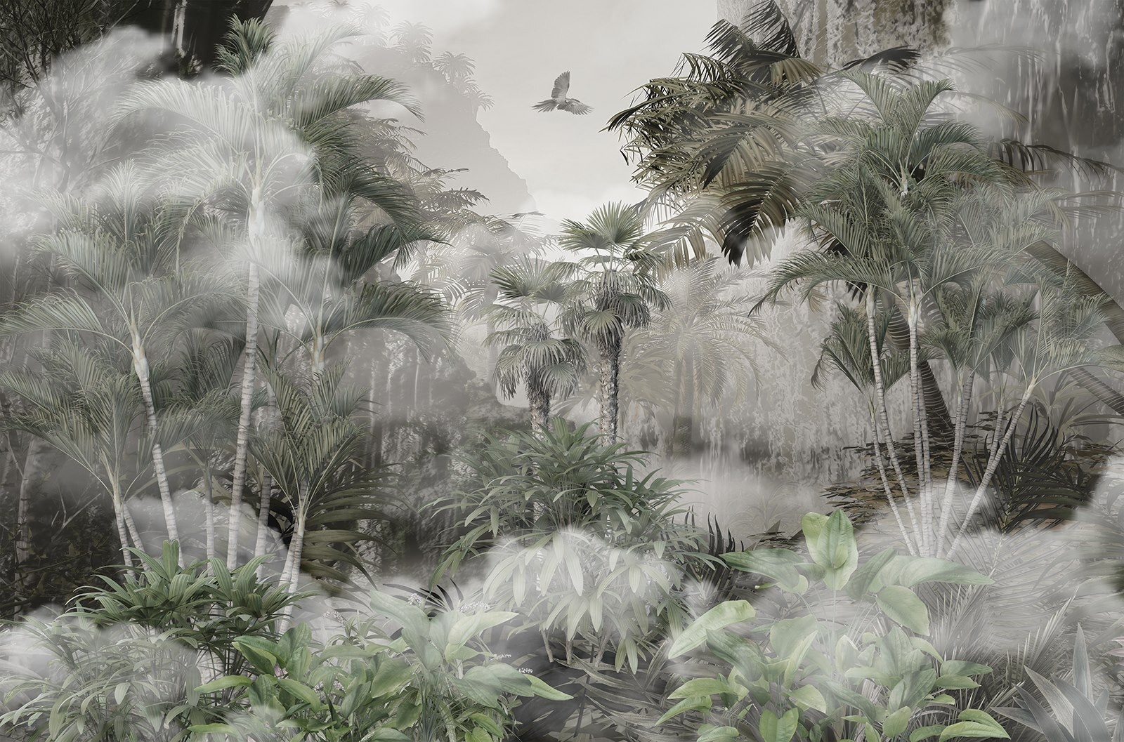 Foggy forest with trees and birds