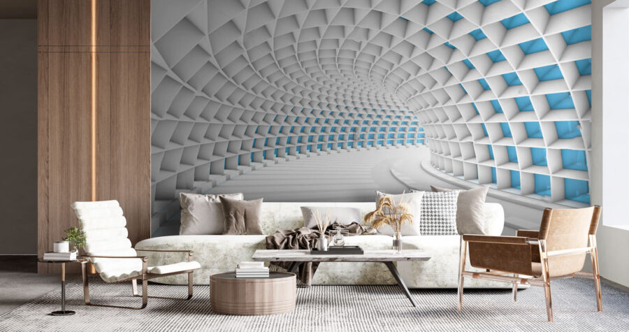 Wall murals White tunnel with blue squares - Image 3