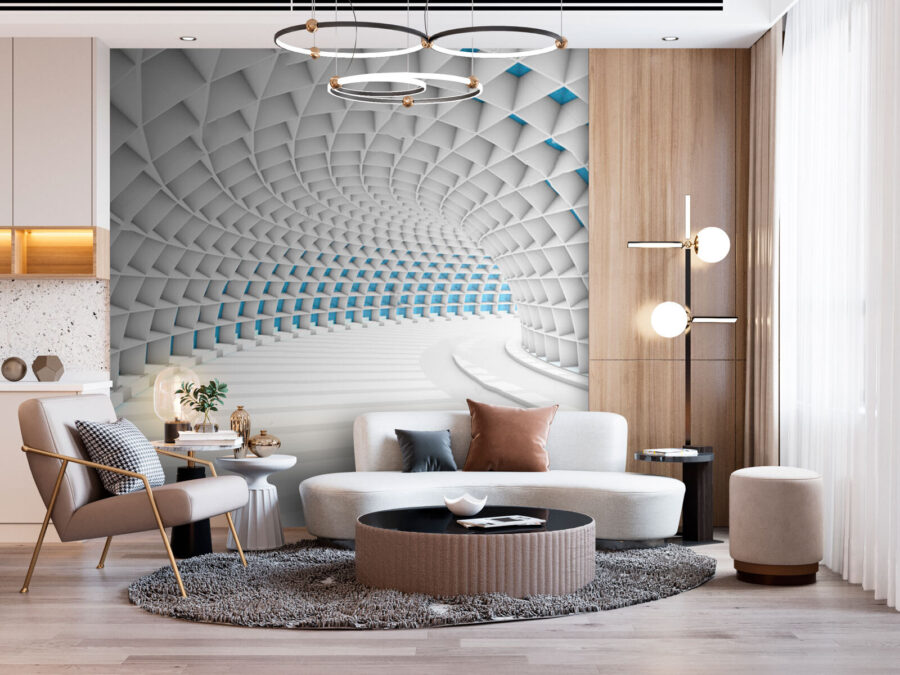 Wall murals White tunnel with blue squares - Image 2